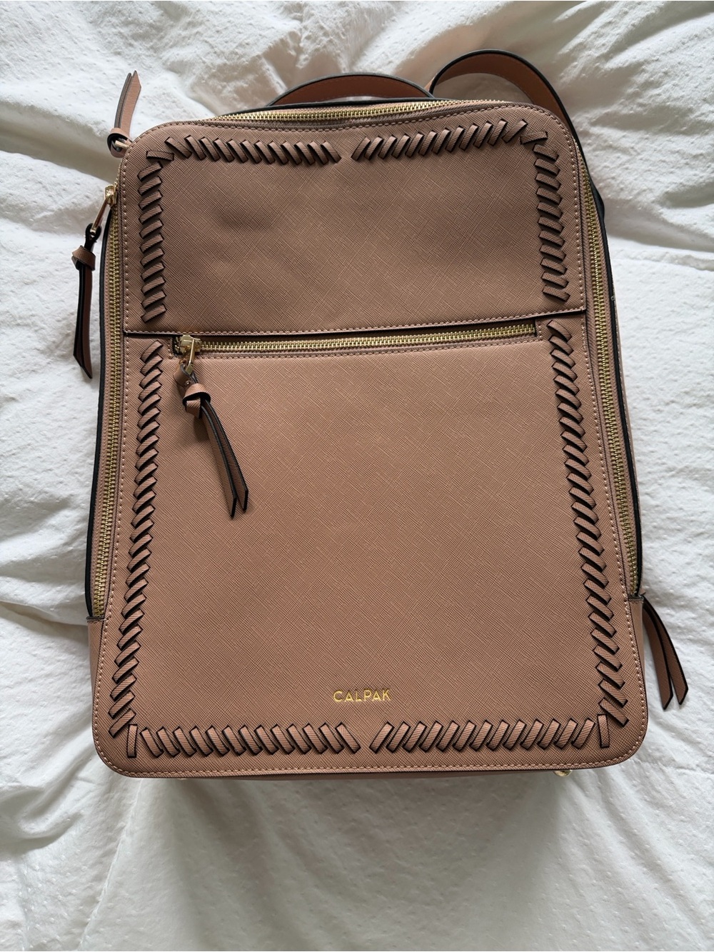 New Calpak Tan Leather Backpack with Woven Trim